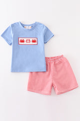 Blue seersucker crab applique boy set