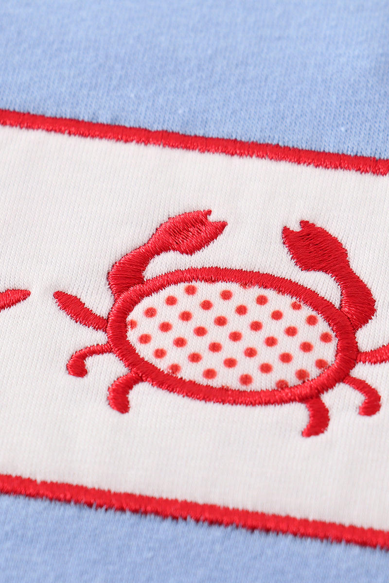 Blue seersucker crab applique boy set