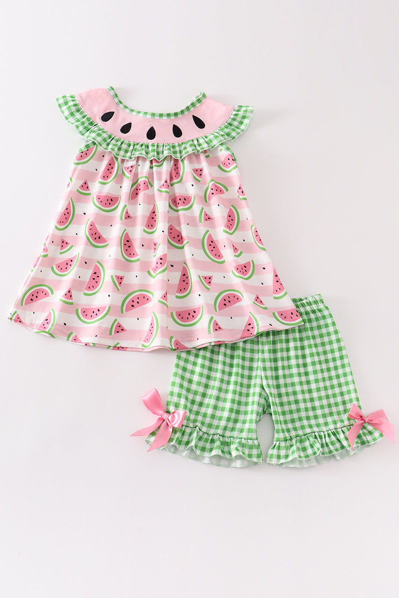 Watermelon embroidery girl shorts set