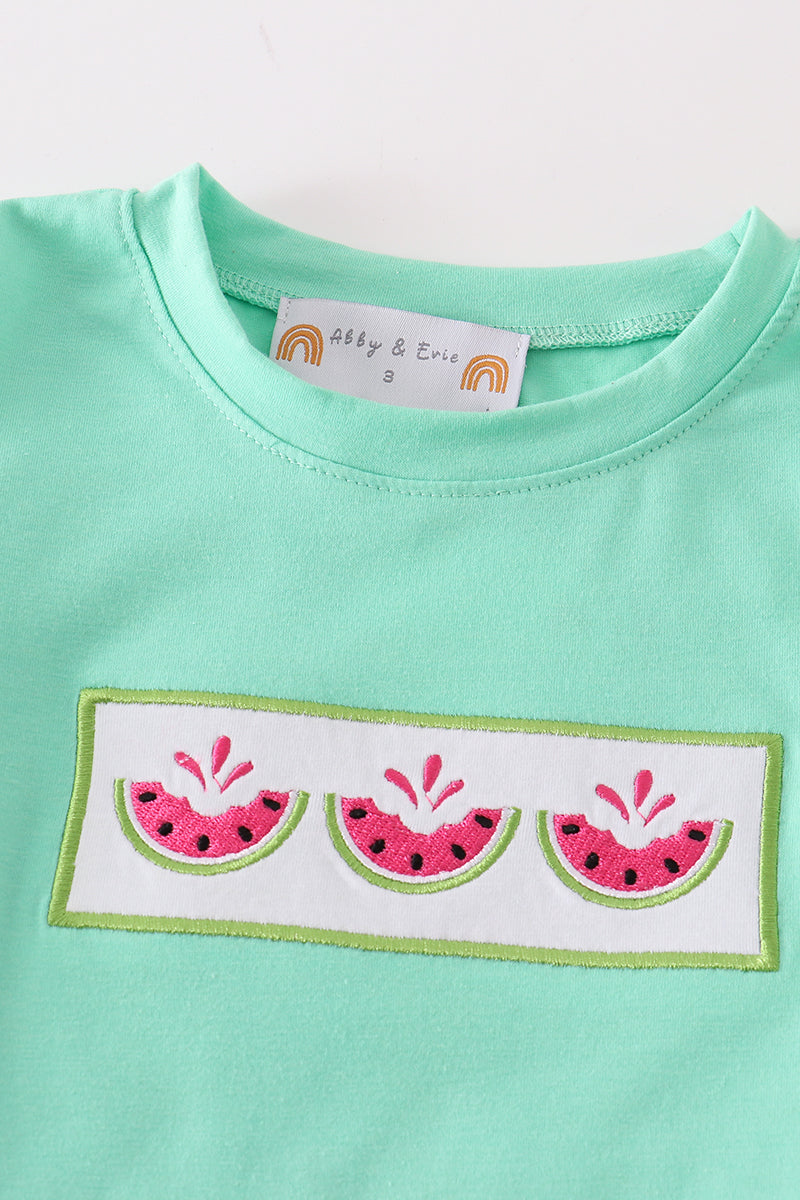 Green watermelon embroidery boy set