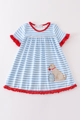 Blue stripe dog applique dress