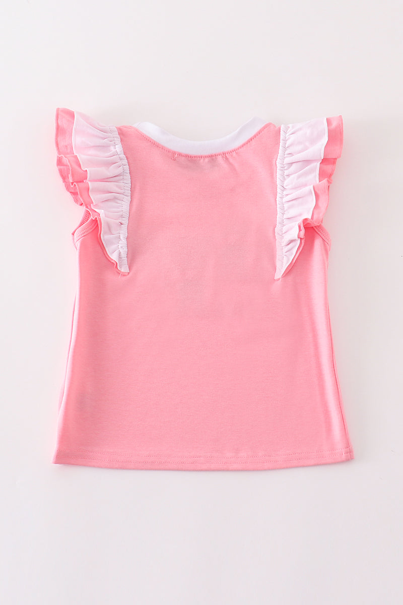 Coral birthday girl french knot ruffle top