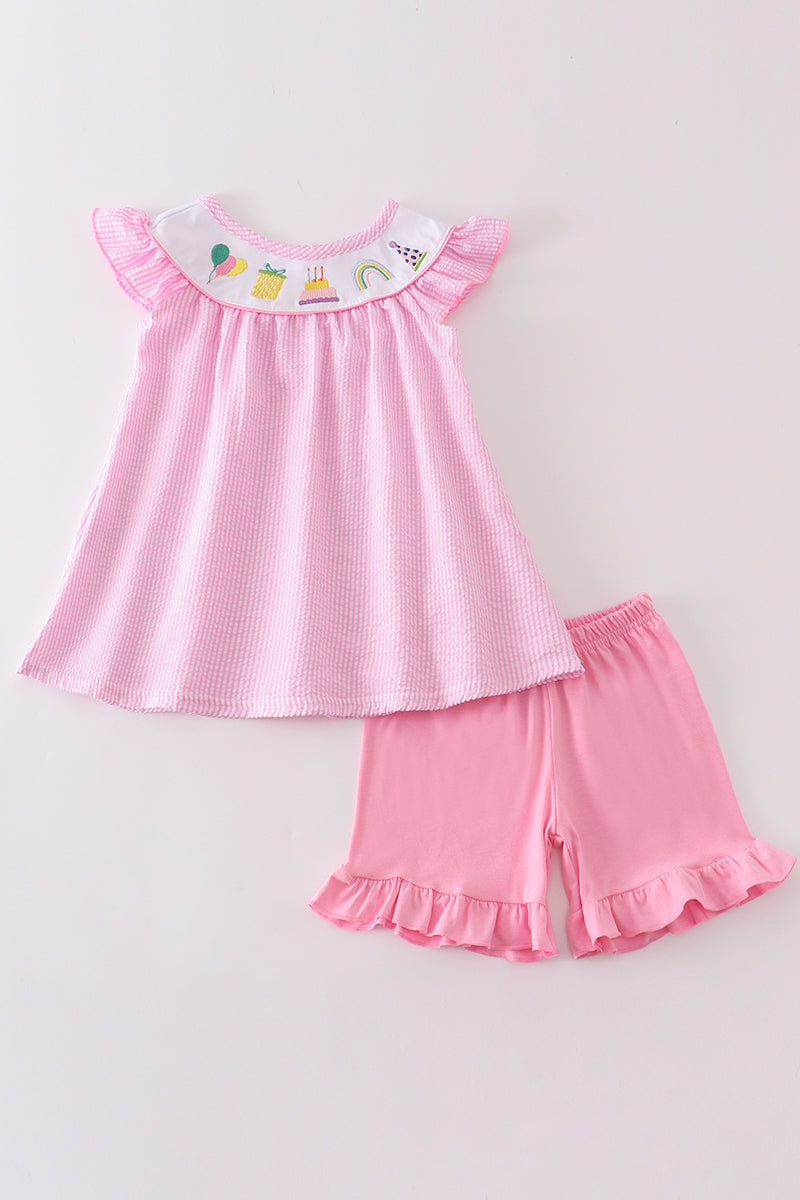 Pink seersucker birthday embroidery girl set