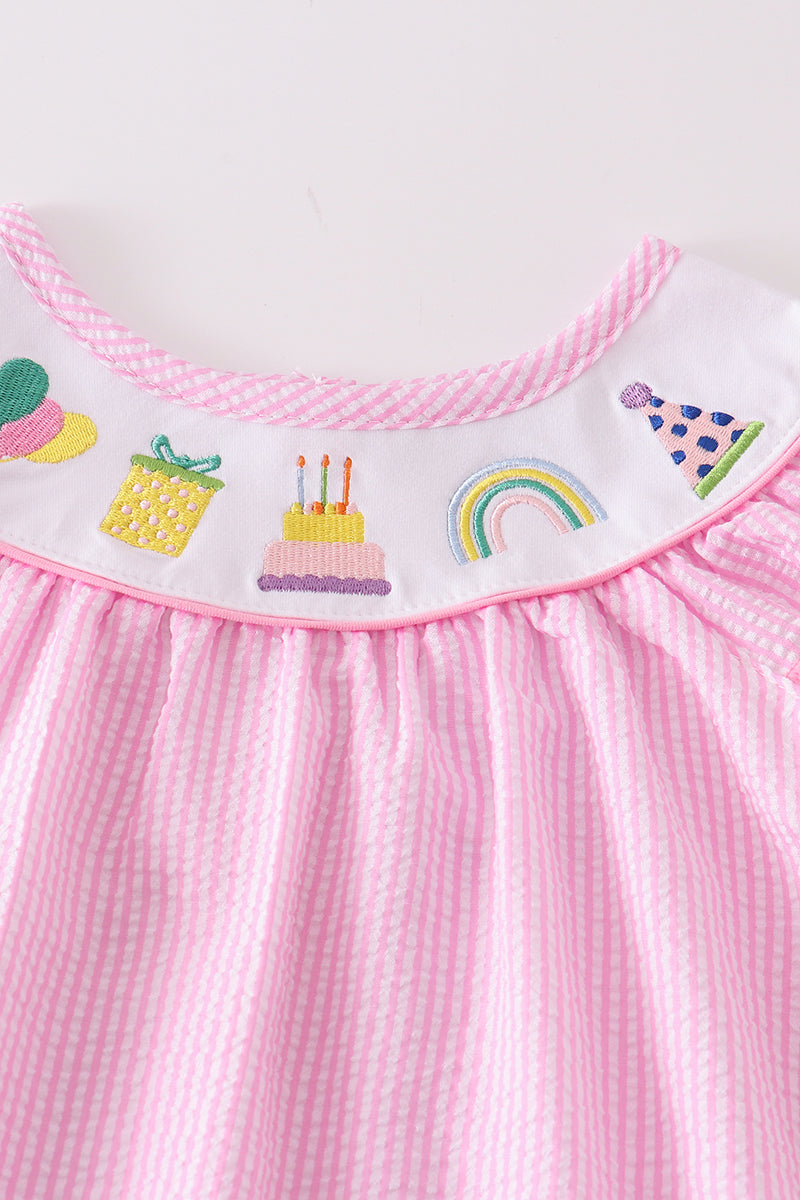 Pink seersucker birthday embroidery girl set