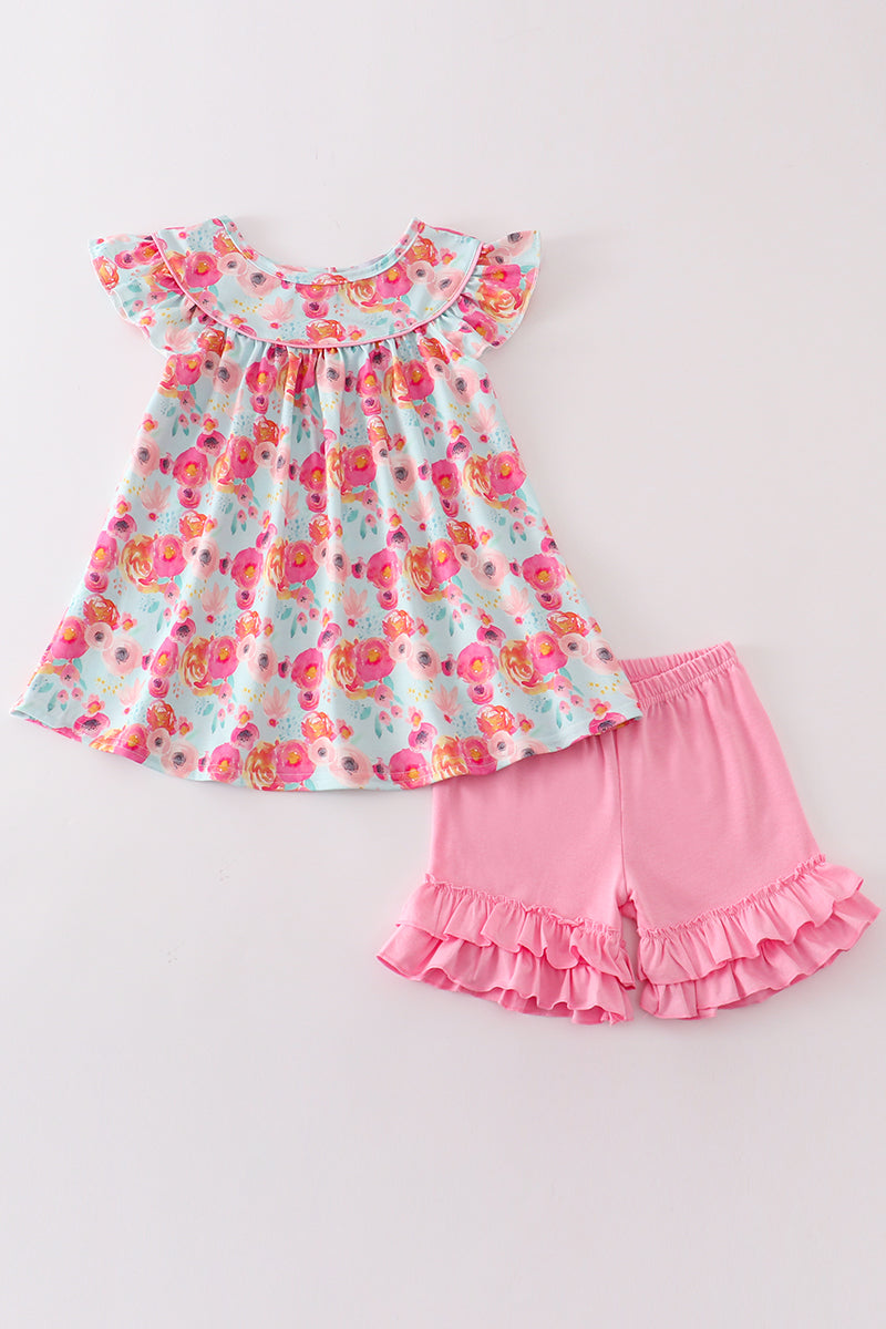 Pink floral ruffle shorts set