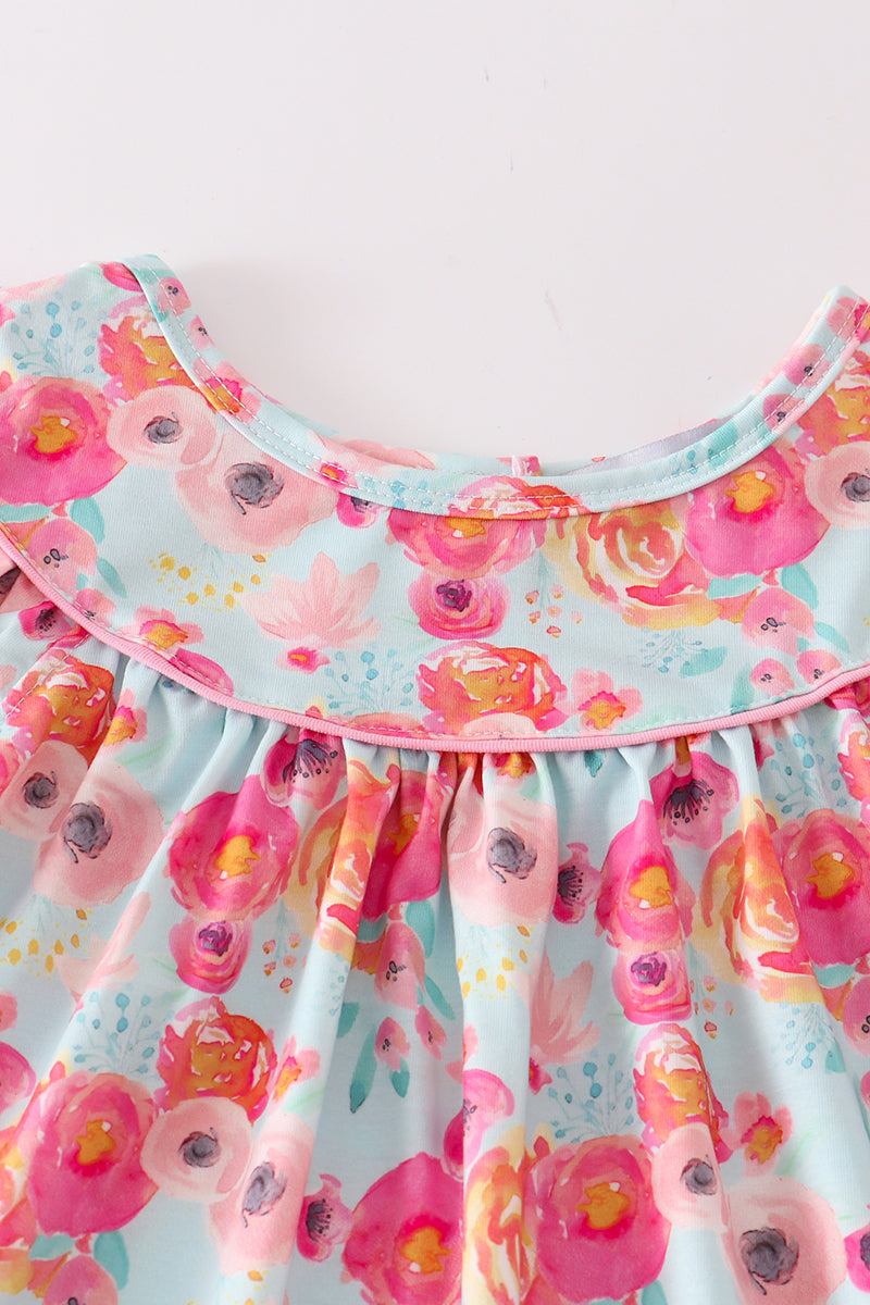 Pink floral ruffle shorts set