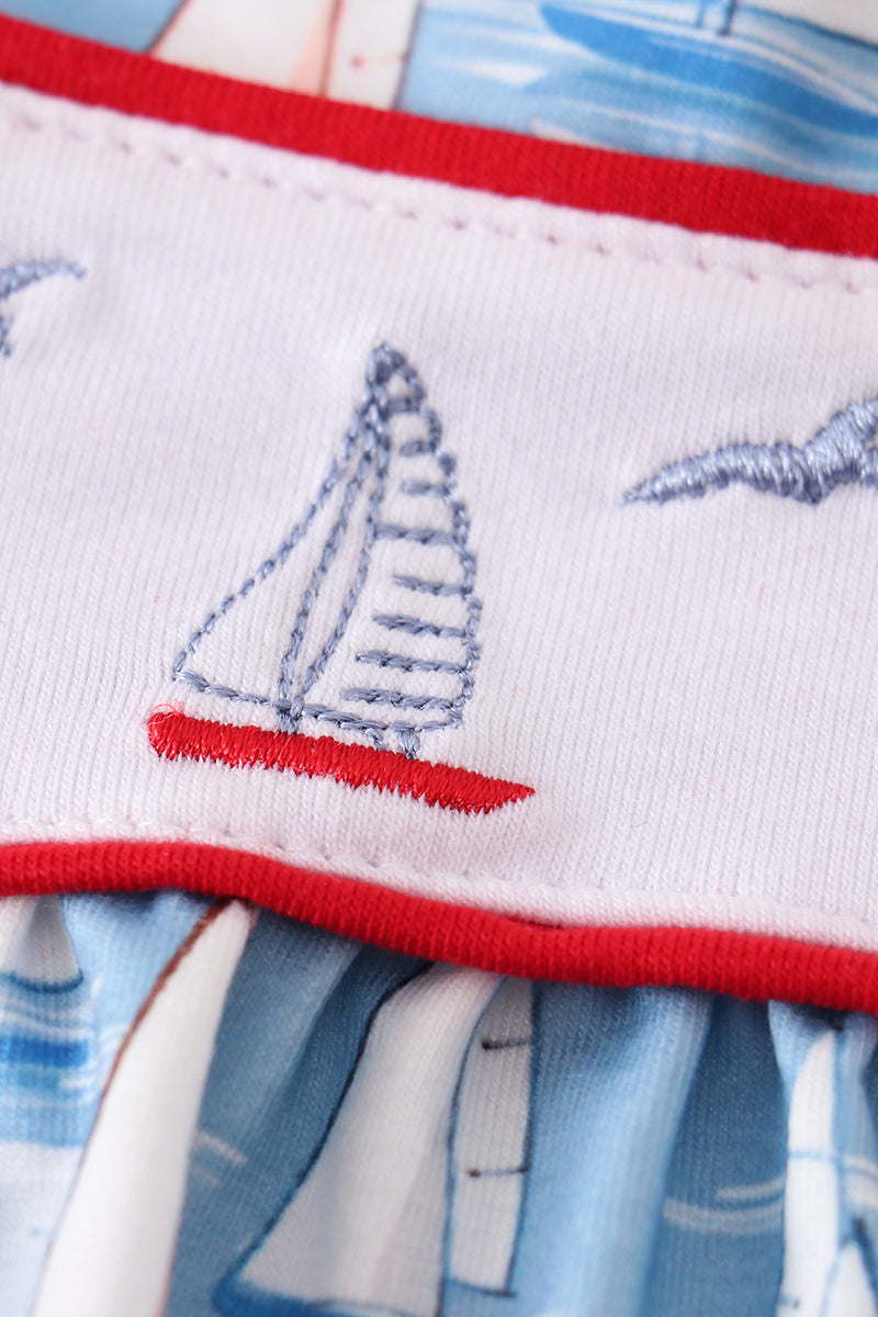 Blue sailboat embroidery girl set