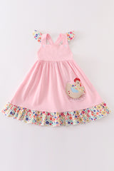 Pink floral chicken applique ruffle dress