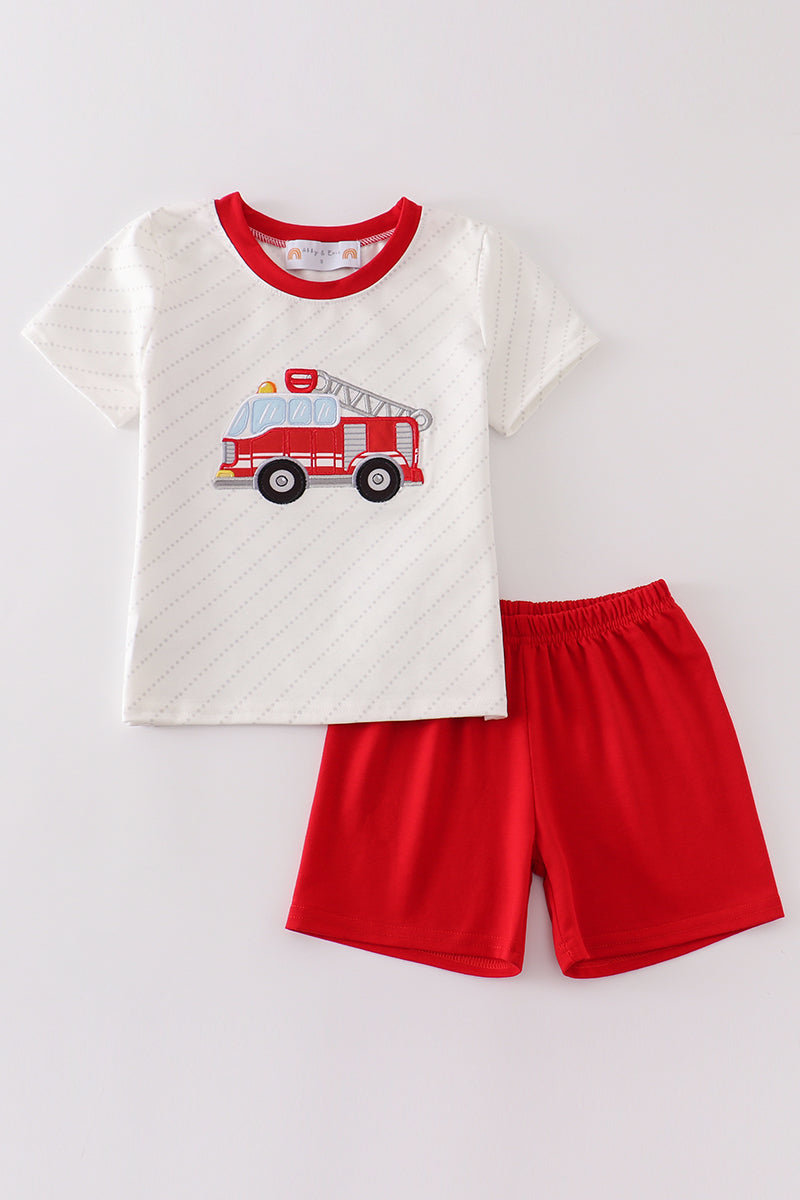 Red fire truck applique boy set