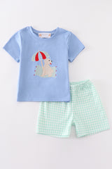 Blue beach puppy embroidery boy set