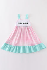 Pink tractor embroidery plaid dress