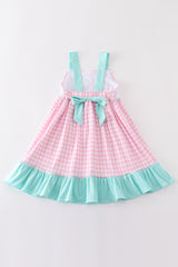 Pink tractor embroidery plaid dress