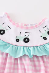 Pink tractor embroidery plaid girl bubble