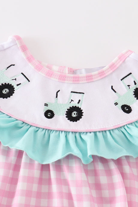 Pink tractor embroidery plaid girl bubble