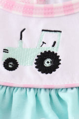 Pink tractor embroidery plaid girl bubble