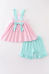 Pink tractor embroidery plaid girl set