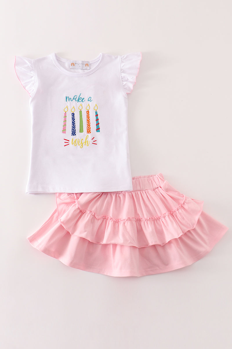 Pink happy birthday embroidery skort set