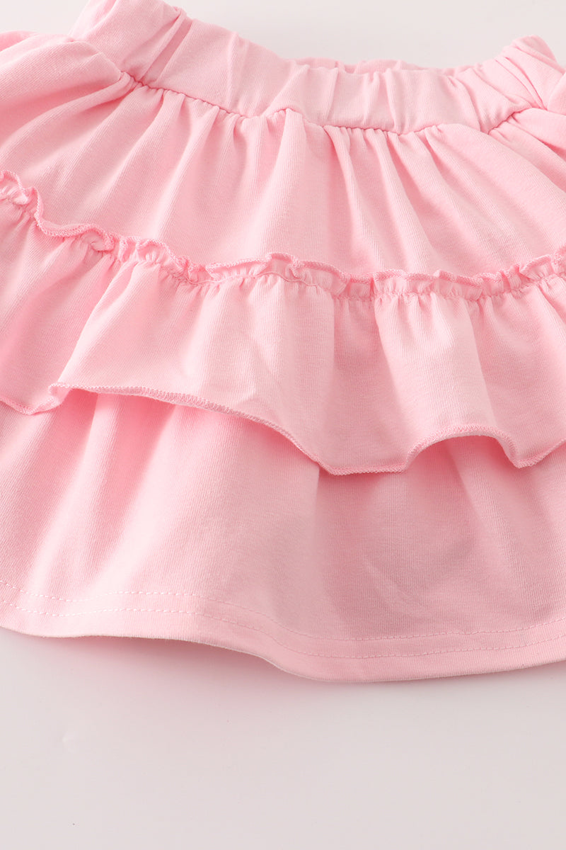 Pink happy birthday embroidery skort set