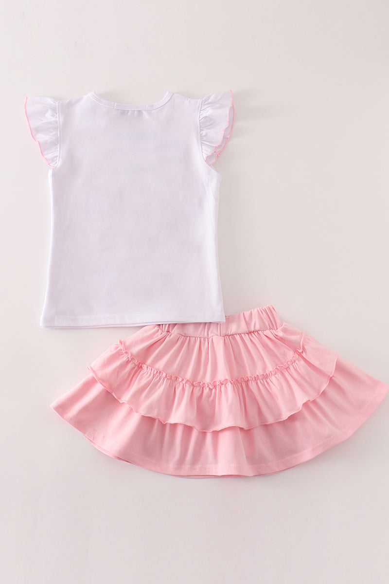 Pink happy birthday embroidery skort set