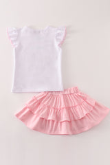 Pink happy birthday embroidery skort set