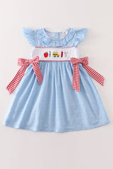 Blue apple embroidery swiss dot dress