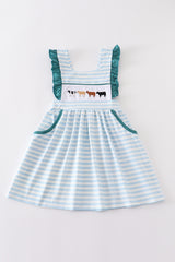 Blue stripe cow embroidery dress