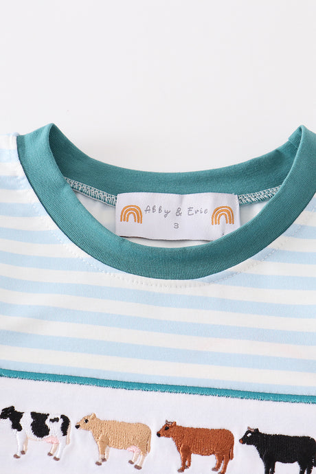 Blue stripe cow embroidery boy set