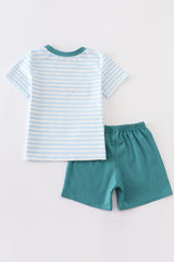 Blue stripe cow embroidery boy set