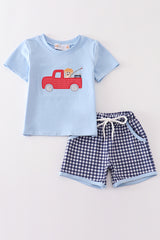 Blue fishing puppy applique boy set