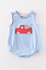Blue fishing puppy applique boy bubble