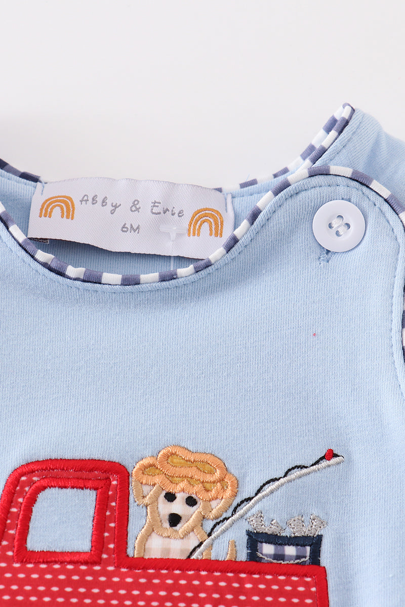 Blue fishing puppy applique boy bubble