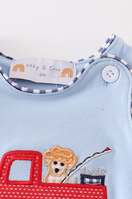 Blue fishing puppy applique boy bubble
