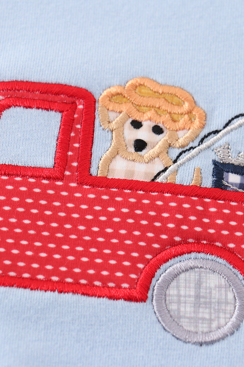 Blue fishing puppy applique boy bubble