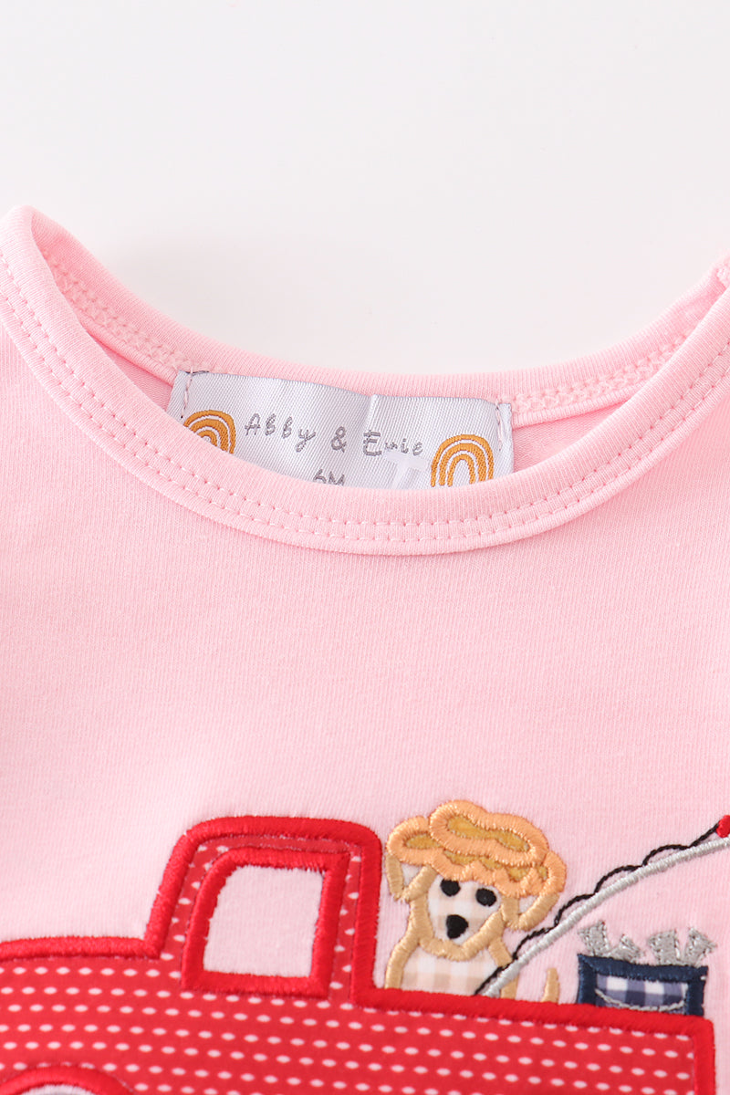Pink fishing puppy applique girl bubble