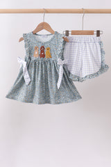 Floral puppy embroidery ruffle shorts set
