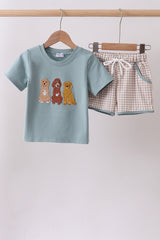 Blue gray Puppy embroidery shorts set