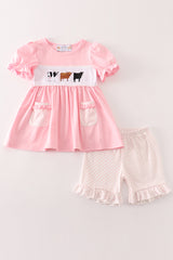 Pink cow embroidery girl set