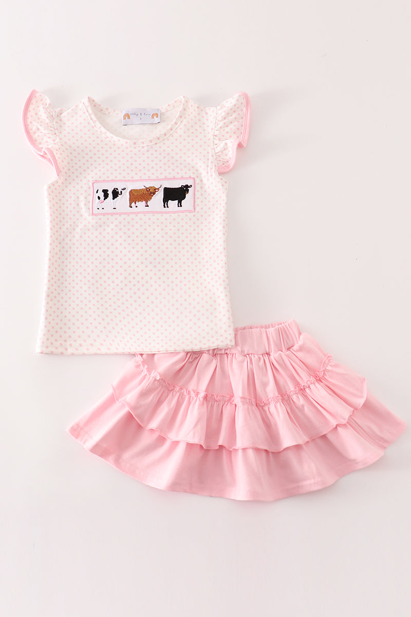 Pink cow embroidery girl skort set