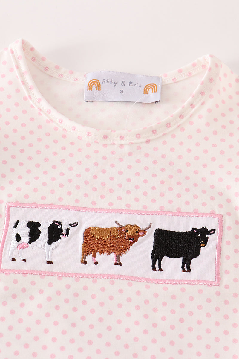 Pink cow embroidery girl skort set