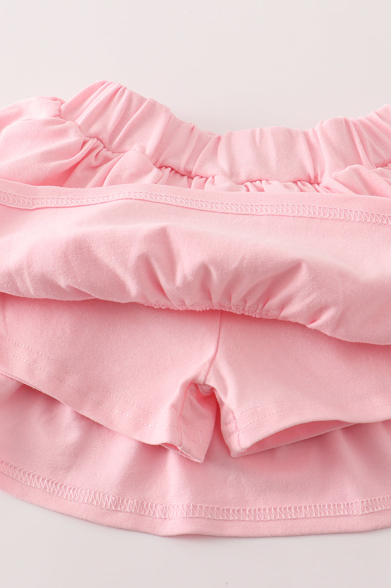 Pink cow embroidery girl skort set