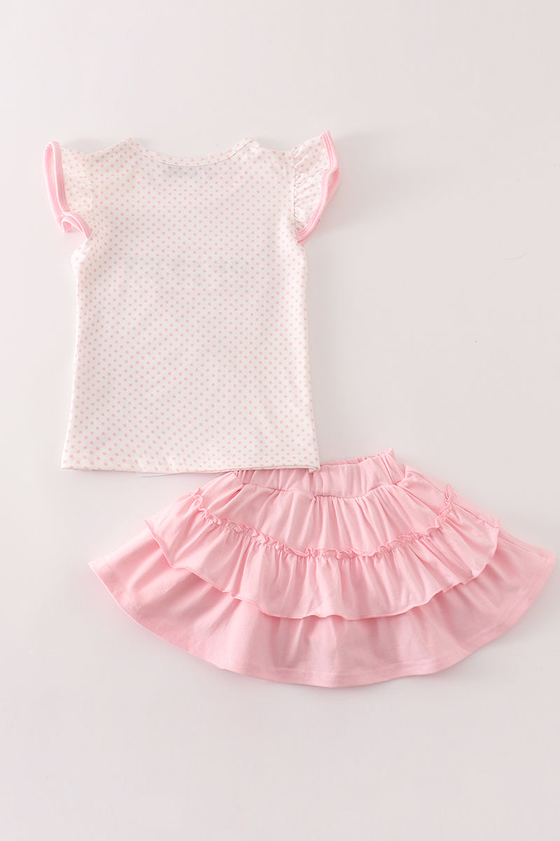 Pink cow embroidery girl skort set