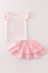 Pink cow embroidery girl skort set