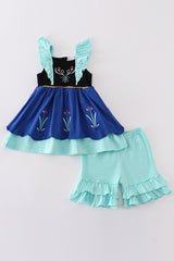 Navy Anna embroidery ruffle girl set