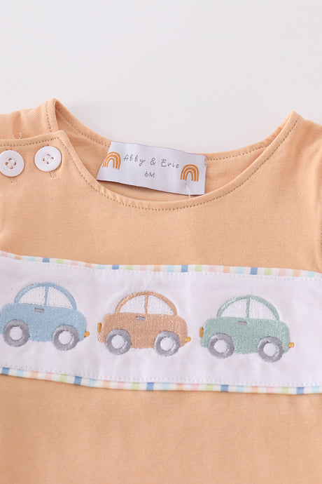 Beige car embroidery boy bloomer set