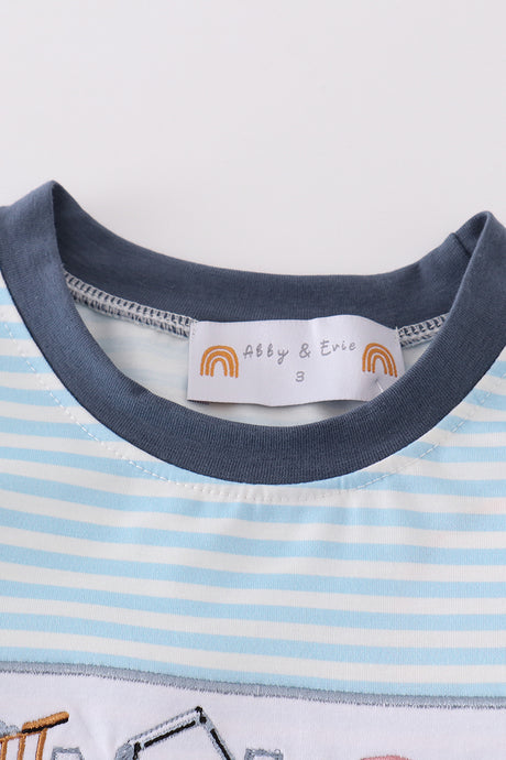 Blue stripe tractor embroidery boy set