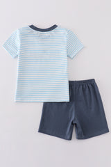 Blue stripe tractor embroidery boy set