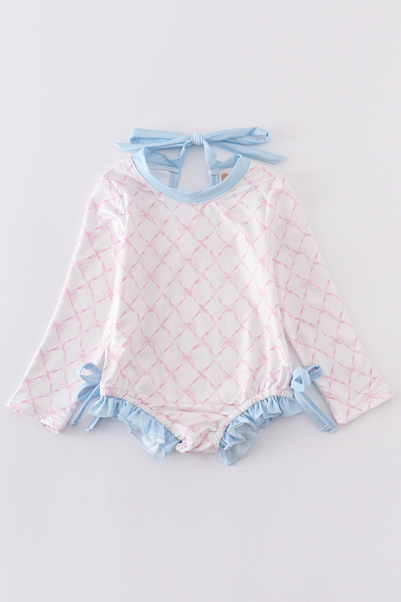 Pink bow print girl long sleeve swimsuit