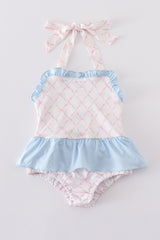 Pink bow print smocked one-piece girl swimsuit