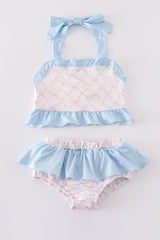 Pink bow print smocked 2pc girl swimsuit