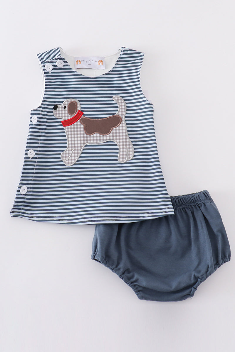 Navy stripe puppy applique boy bloomer set